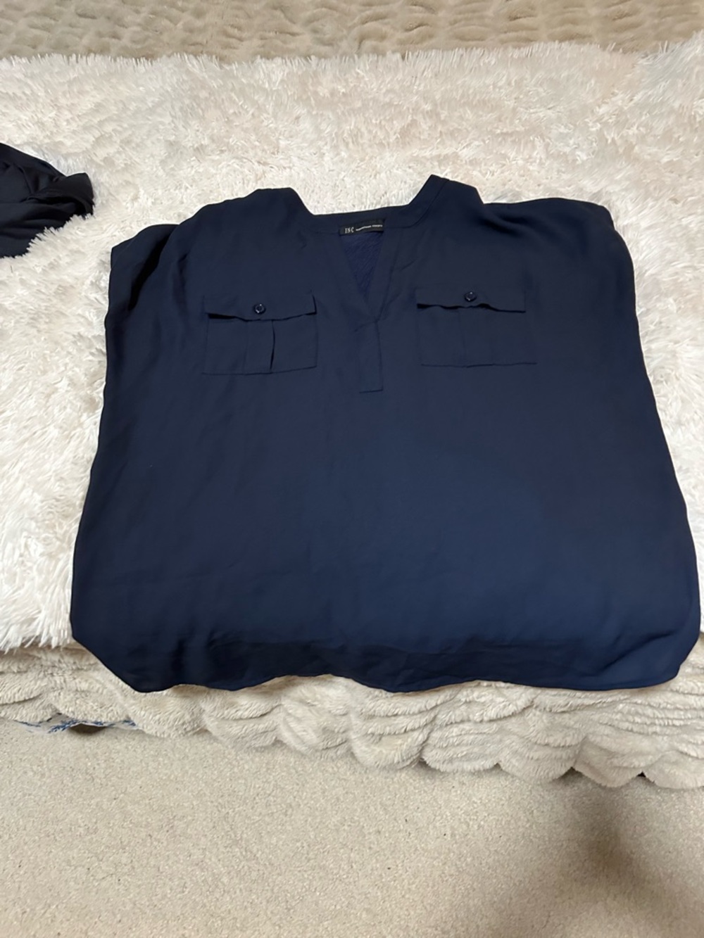 INC International Concepts Navy V-Neck Blouse with Chest Pockets